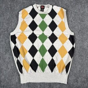 Nick Danger Argyle Sweater Vest L G Light Gray Yellow Green Black Cotton